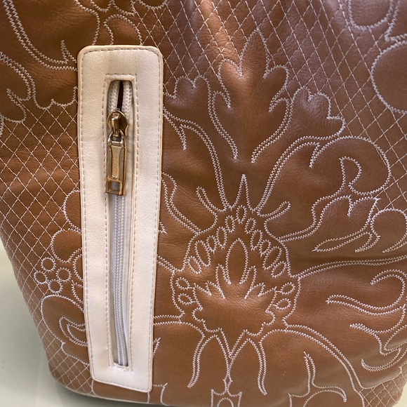 Samoe Square Top Handle Bag Mixed Colors Pockets Size 10H X 8L Brown Tan Beige - Picture 6 of 16